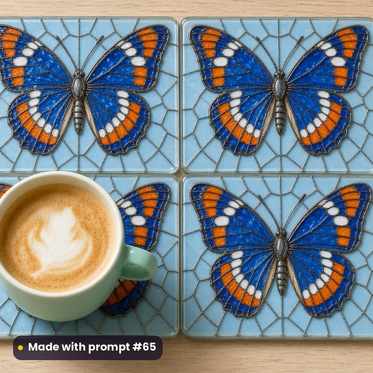 Butterflies stained glass prompt pack: set of UV-printed glass coasters mockup, made with prompt #65