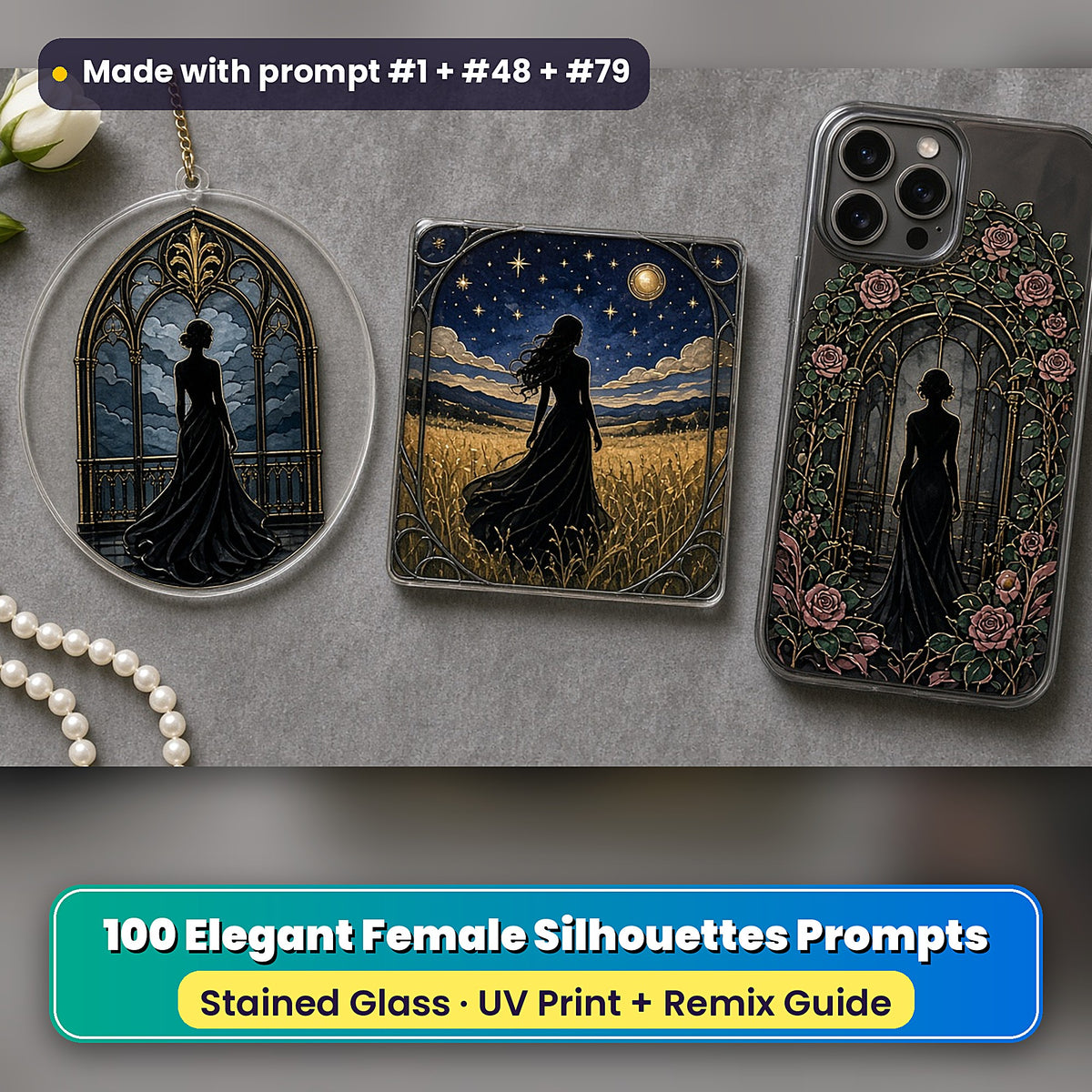 Elegant Female Silhouettes stained glass prompt pack: UV-printed suncatcher, coaster and phone case set mockup, made with prompt #1 + #48 + #79