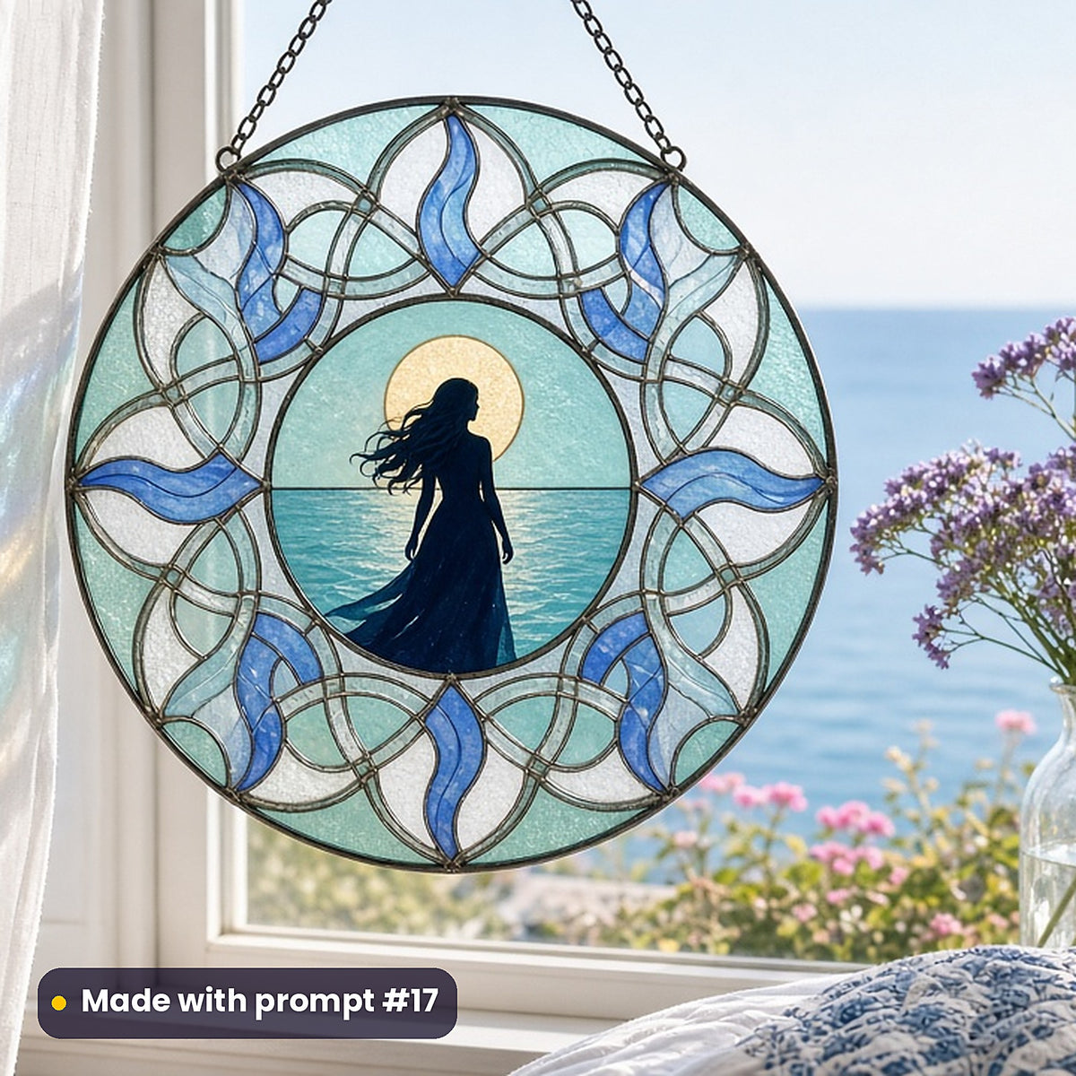Elegant Female Silhouettes stained glass prompt pack: UV-printed acrylic suncatcher in a window mockup, made with prompt #17