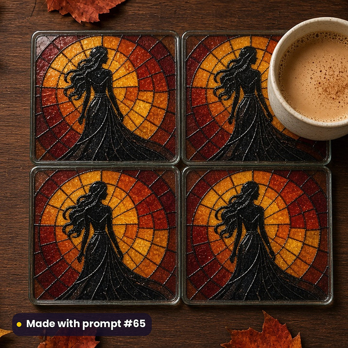 Elegant Female Silhouettes stained glass prompt pack: set of UV-printed glass coasters mockup, made with prompt #65