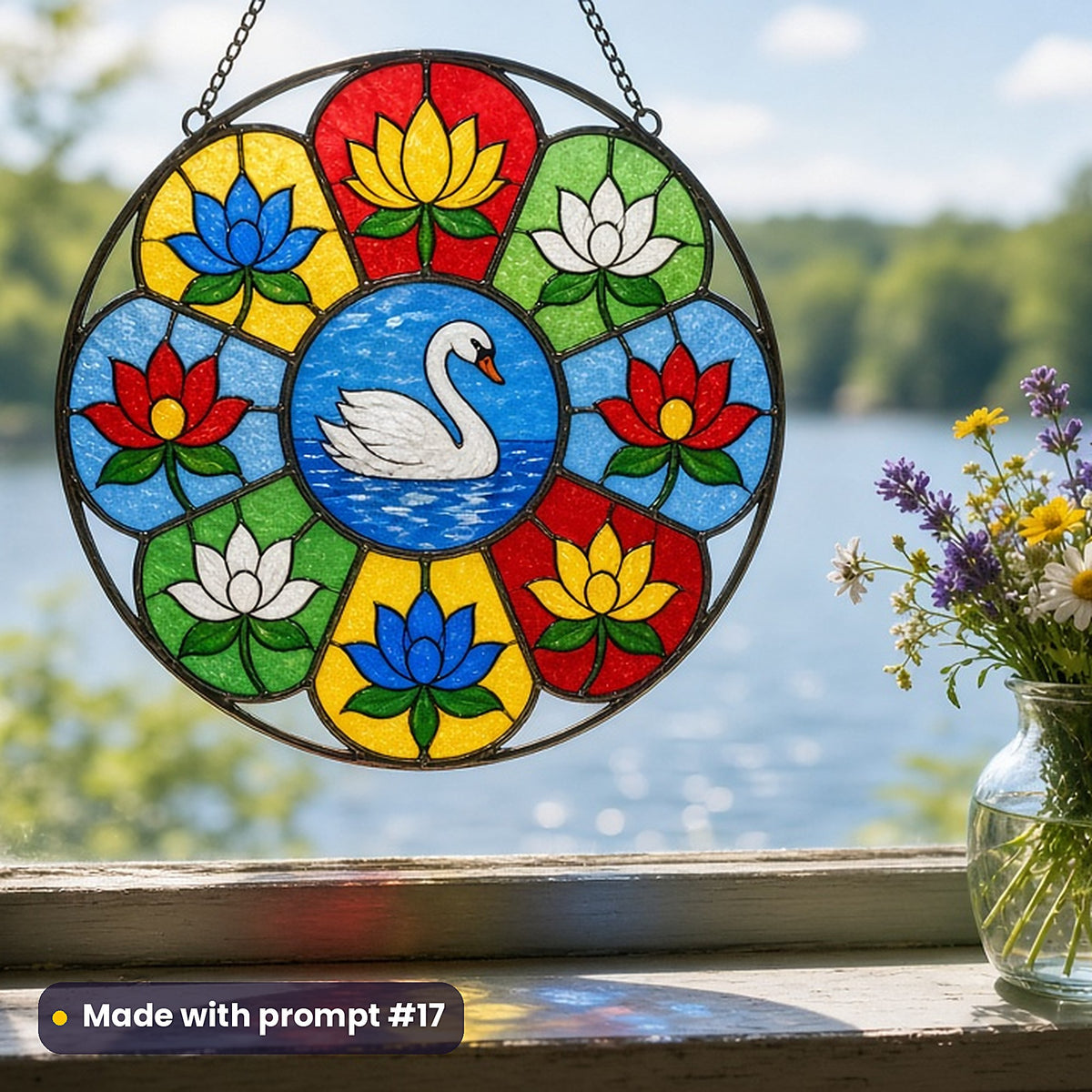 Swans stained glass prompt pack: UV-printed acrylic suncatcher in a window mockup, made with prompt #17