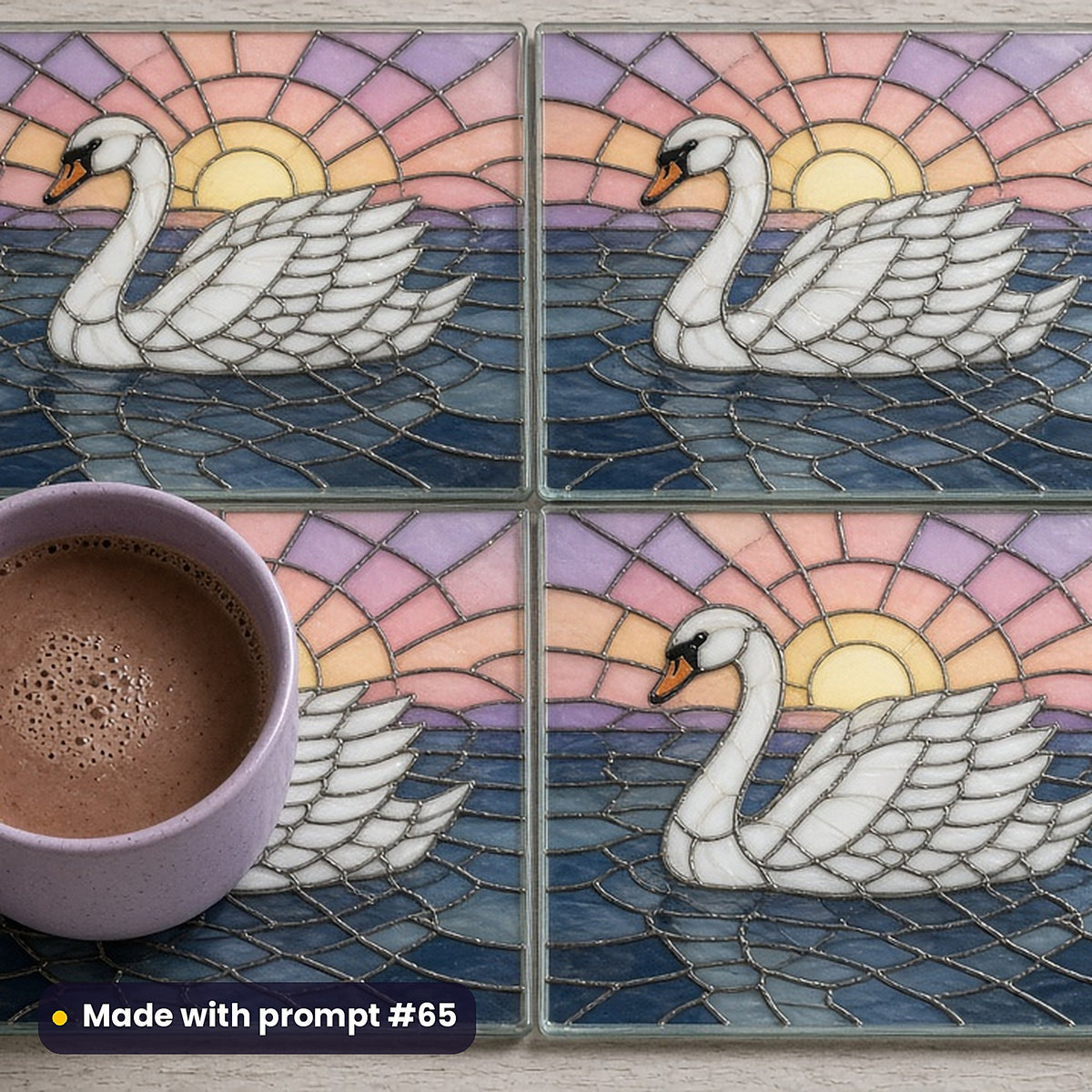 Swans stained glass prompt pack: set of UV-printed glass coasters mockup, made with prompt #65
