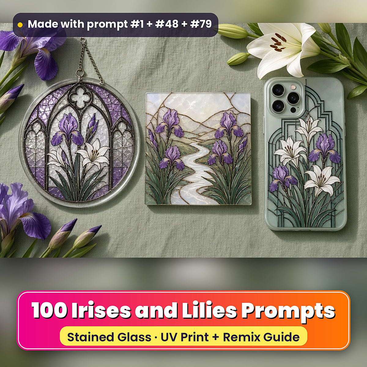 Irises and Lilies stained glass prompt pack: UV-printed suncatcher, coaster and phone case set mockup, made with prompt #1 + #48 + #79