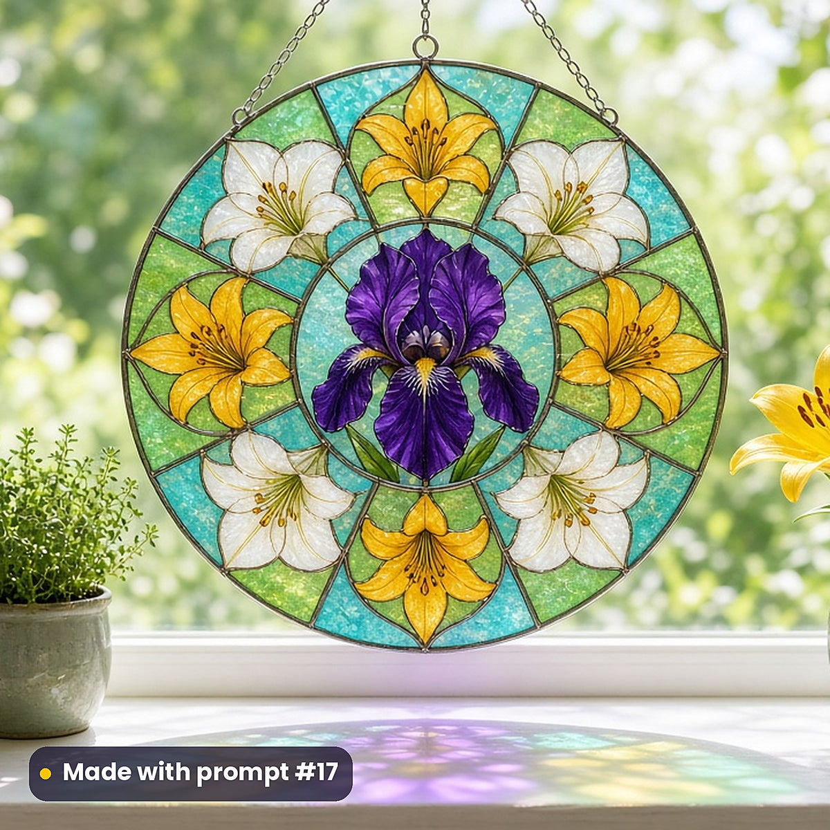 Irises and Lilies stained glass prompt pack: UV-printed acrylic suncatcher in a window mockup, made with prompt #17