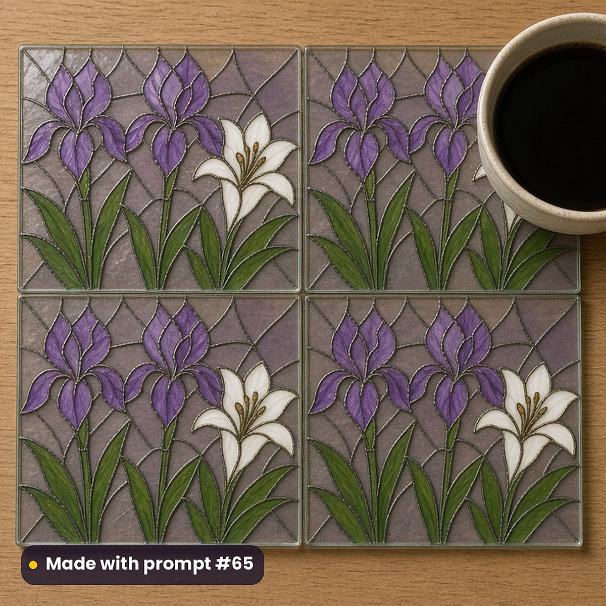 Irises and Lilies stained glass prompt pack: set of UV-printed glass coasters mockup, made with prompt #65