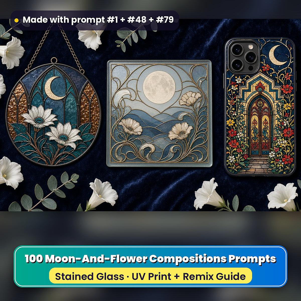 Moon-And-Flower Compositions stained glass prompt pack: UV-printed suncatcher, coaster and phone case set mockup, made with prompt #1 + #48 + #79