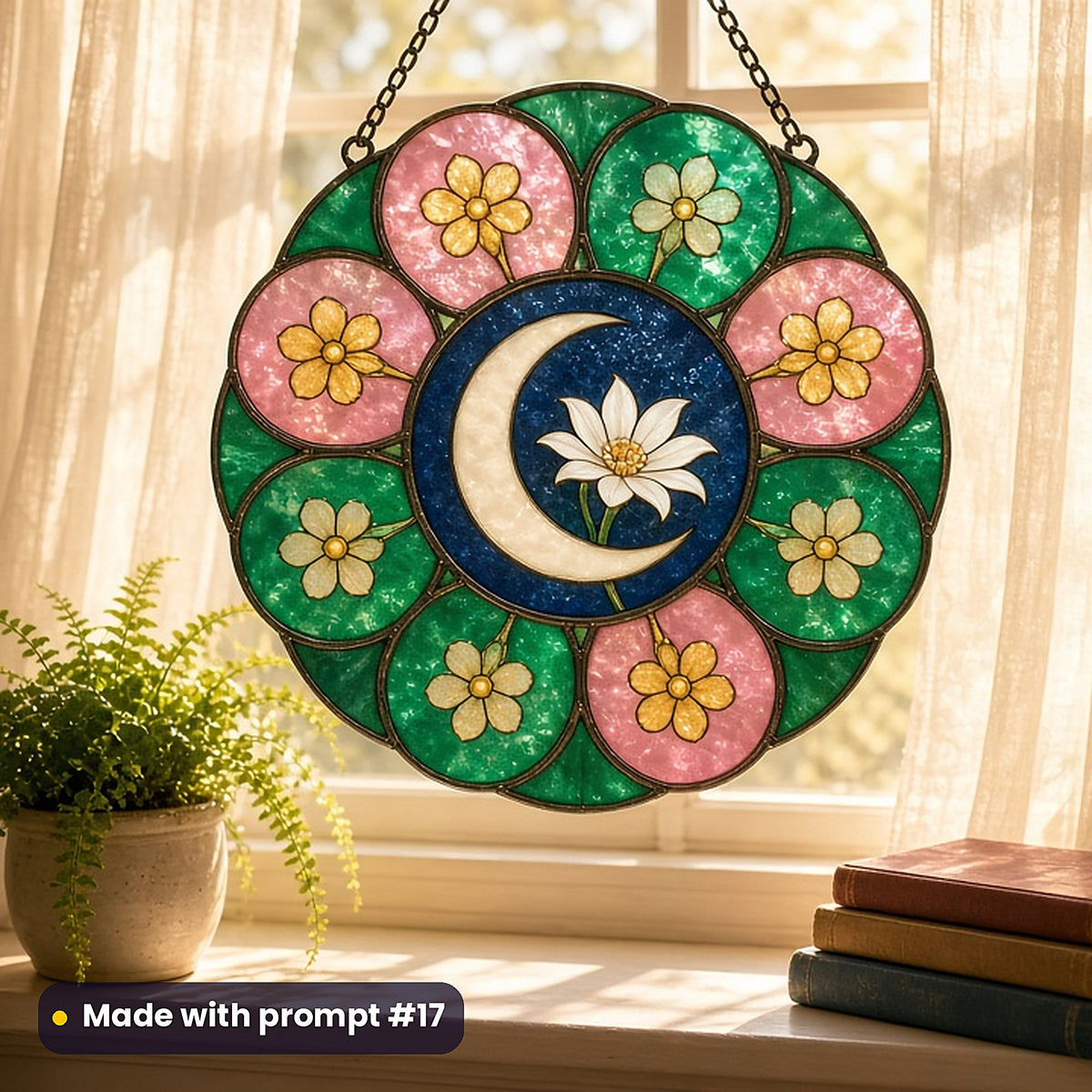 Moon-And-Flower Compositions stained glass prompt pack: UV-printed acrylic suncatcher in a window mockup, made with prompt #17