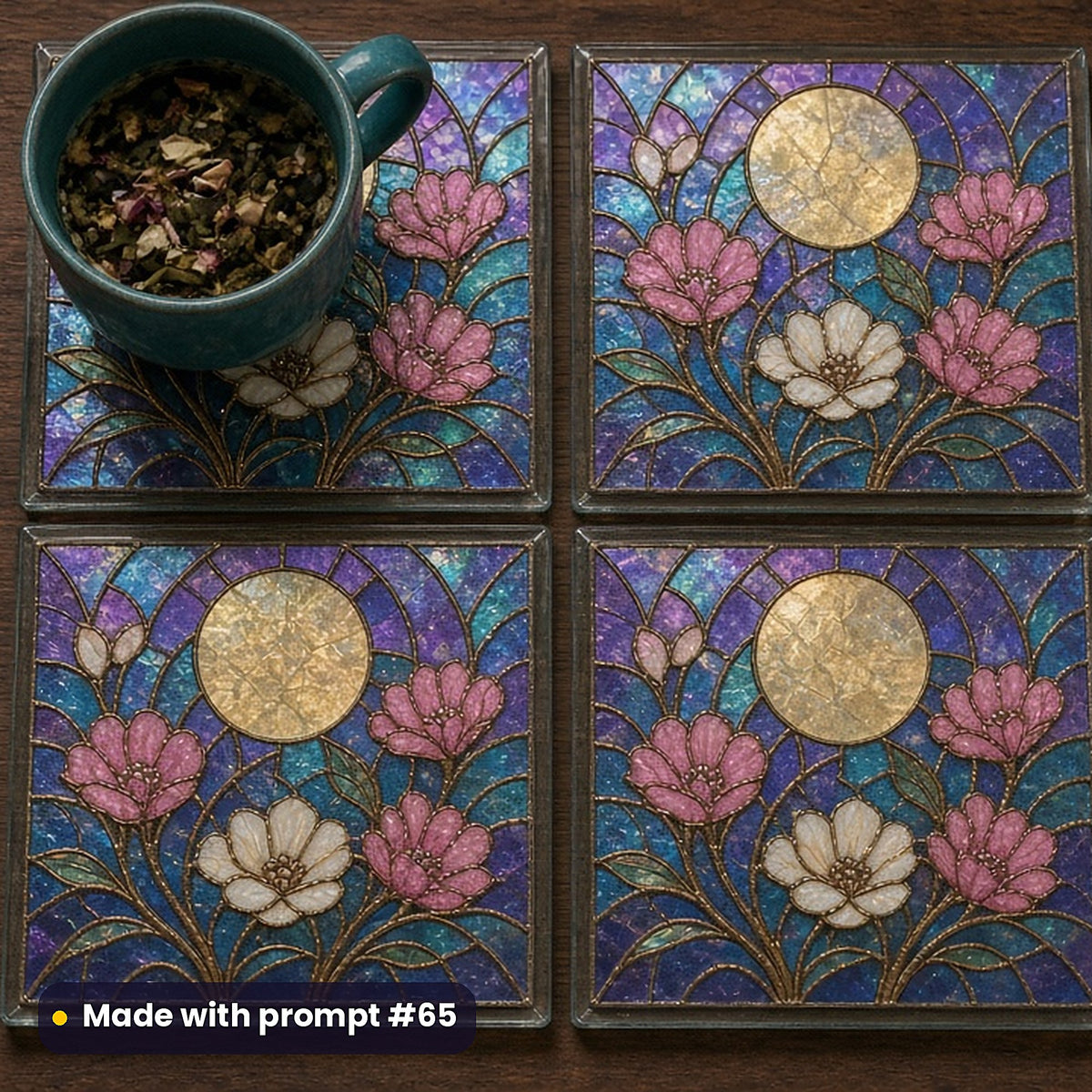 Moon-And-Flower Compositions stained glass prompt pack: set of UV-printed glass coasters mockup, made with prompt #65
