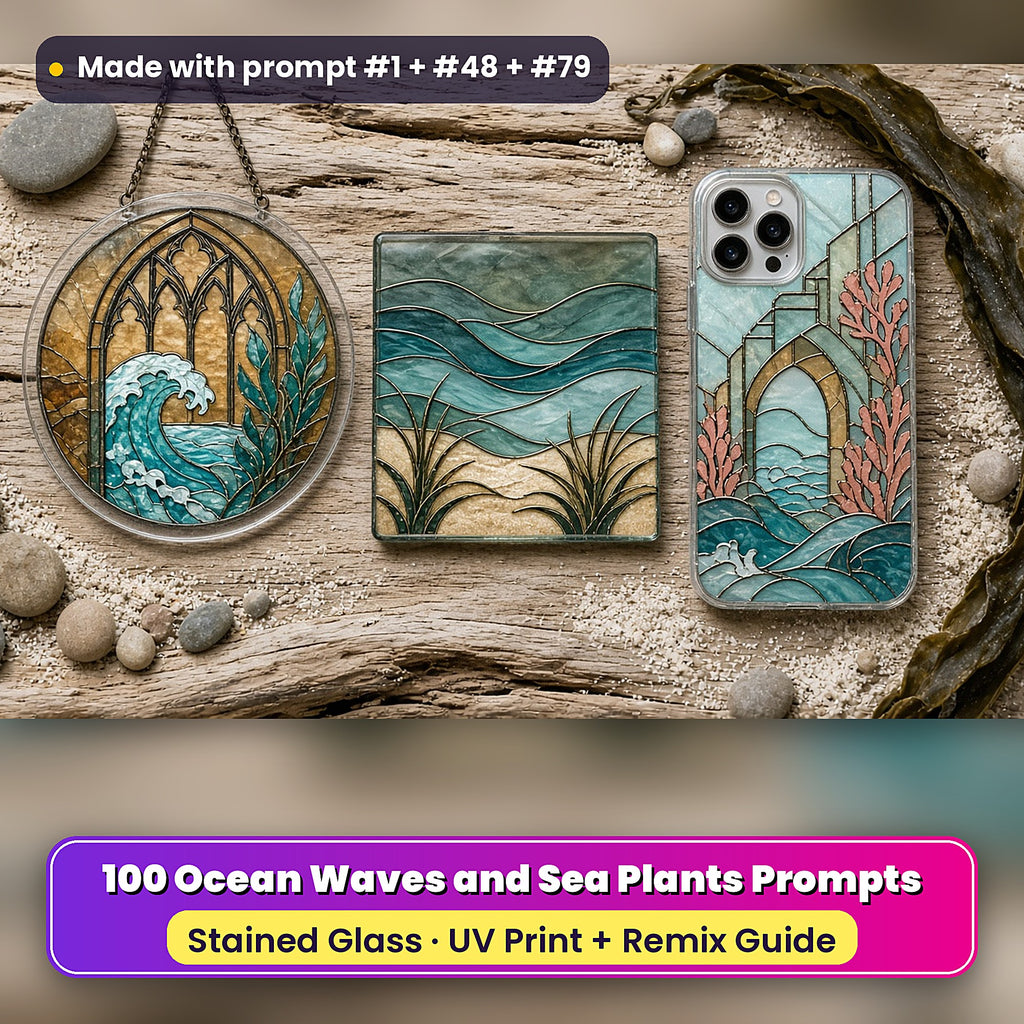 Ocean Waves and Sea Plants stained glass prompt pack: UV-printed suncatcher, coaster and phone case set mockup, made with prompt #1 + #48 + #79