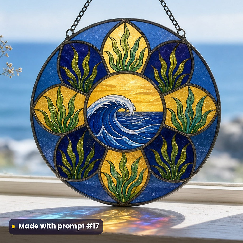 Ocean Waves and Sea Plants stained glass prompt pack: UV-printed acrylic suncatcher in a window mockup, made with prompt #17