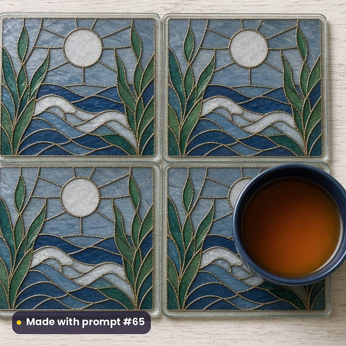 Ocean Waves and Sea Plants stained glass prompt pack: set of UV-printed glass coasters mockup, made with prompt #65