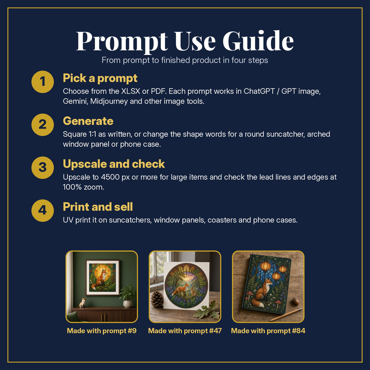 Prompt Use Guide for the Decorative Woodland Animals Stained Glass Prompt Pack: pick a prompt, generate, upscale and check, print and sell, with sample products made with the pack's prompts