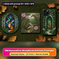Decorative Woodland Animals stained glass prompt pack: UV-printed suncatcher, coaster and phone case set mockup, made with prompt #1 + #48 + #79