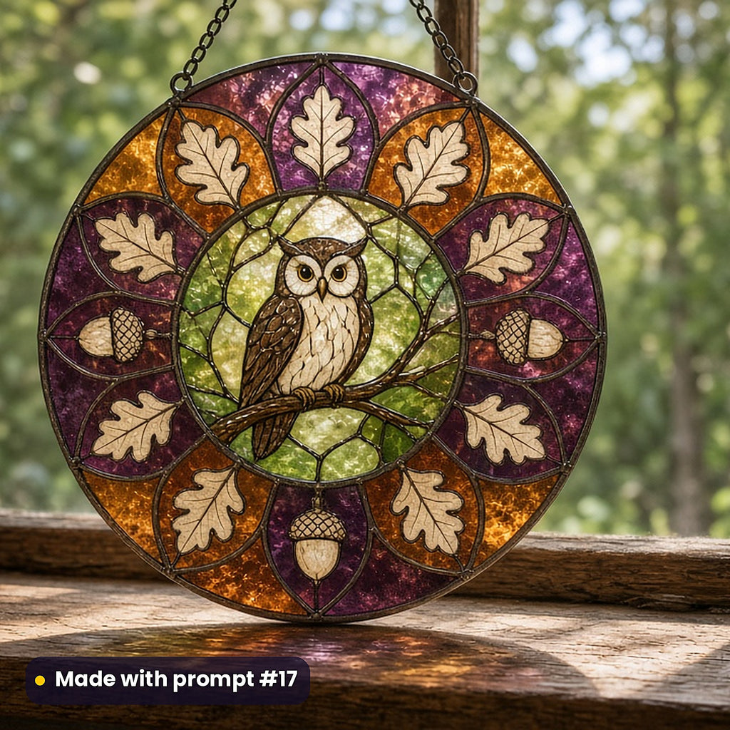 Decorative Woodland Animals stained glass prompt pack: UV-printed acrylic suncatcher in a window mockup, made with prompt #17