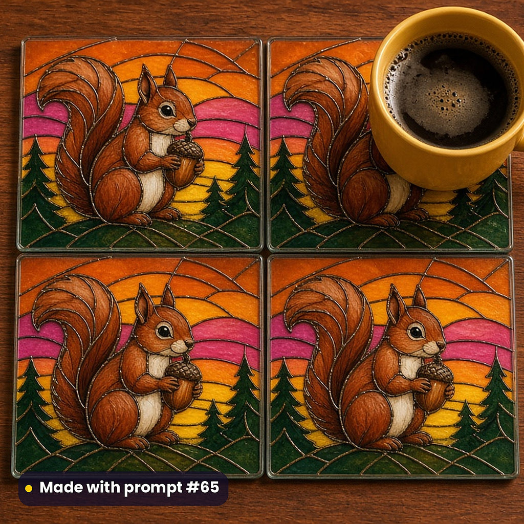 Decorative Woodland Animals stained glass prompt pack: set of UV-printed glass coasters mockup, made with prompt #65