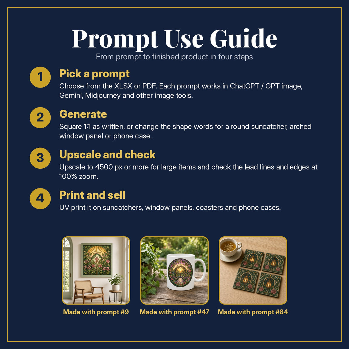 Prompt Use Guide for the Flowing Vines and Botanical Arches Stained Glass Prompt Pack: pick a prompt, generate, upscale and check, print and sell, with sample products made with the pack's prompts