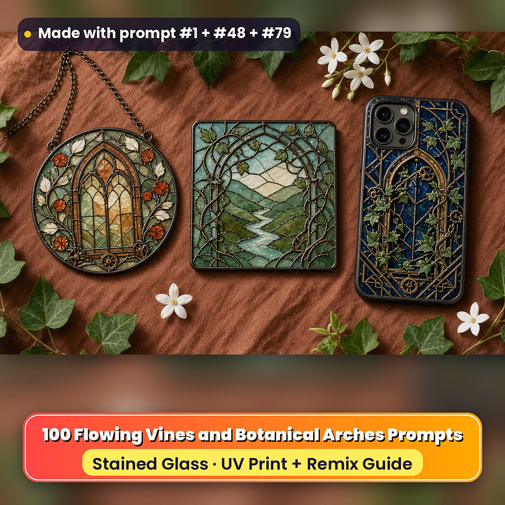 Flowing Vines and Botanical Arches stained glass prompt pack: UV-printed suncatcher, coaster and phone case set mockup, made with prompt #1 + #48 + #79