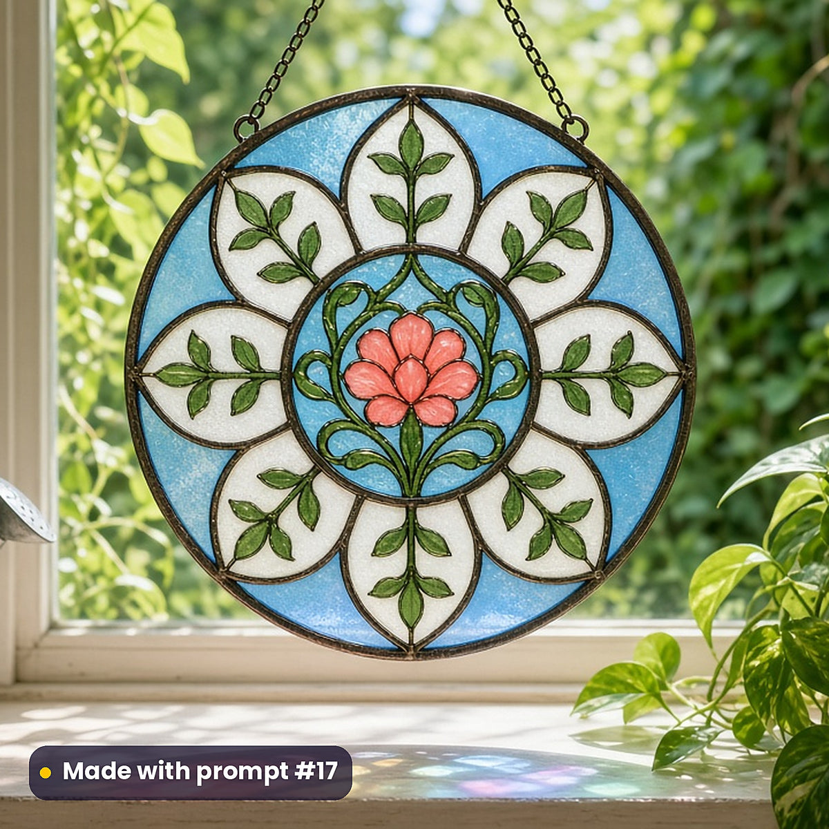 Flowing Vines and Botanical Arches stained glass prompt pack: UV-printed acrylic suncatcher in a window mockup, made with prompt #17