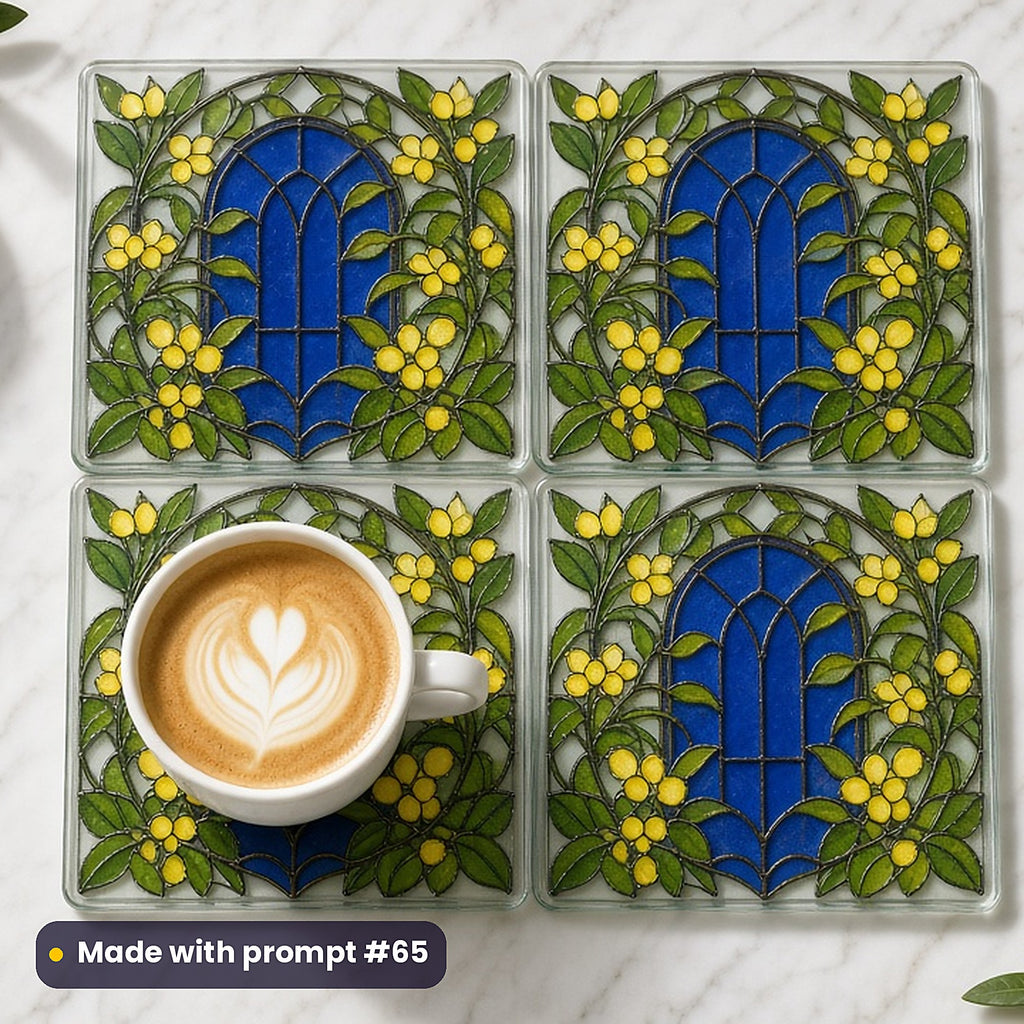 Flowing Vines and Botanical Arches stained glass prompt pack: set of UV-printed glass coasters mockup, made with prompt #65