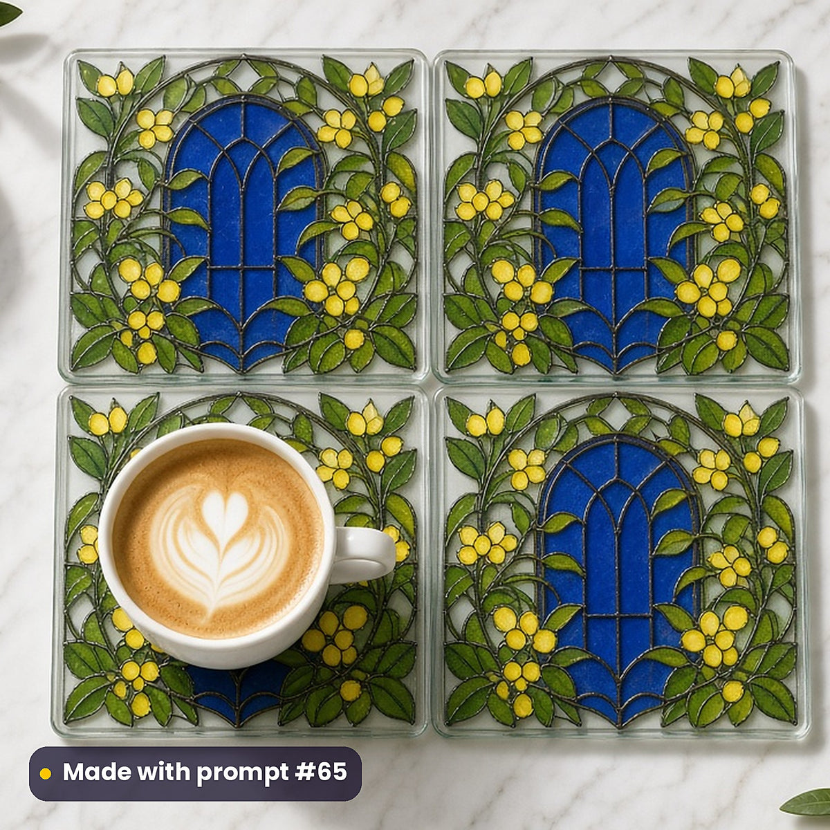 Flowing Vines and Botanical Arches stained glass prompt pack: set of UV-printed glass coasters mockup, made with prompt #65