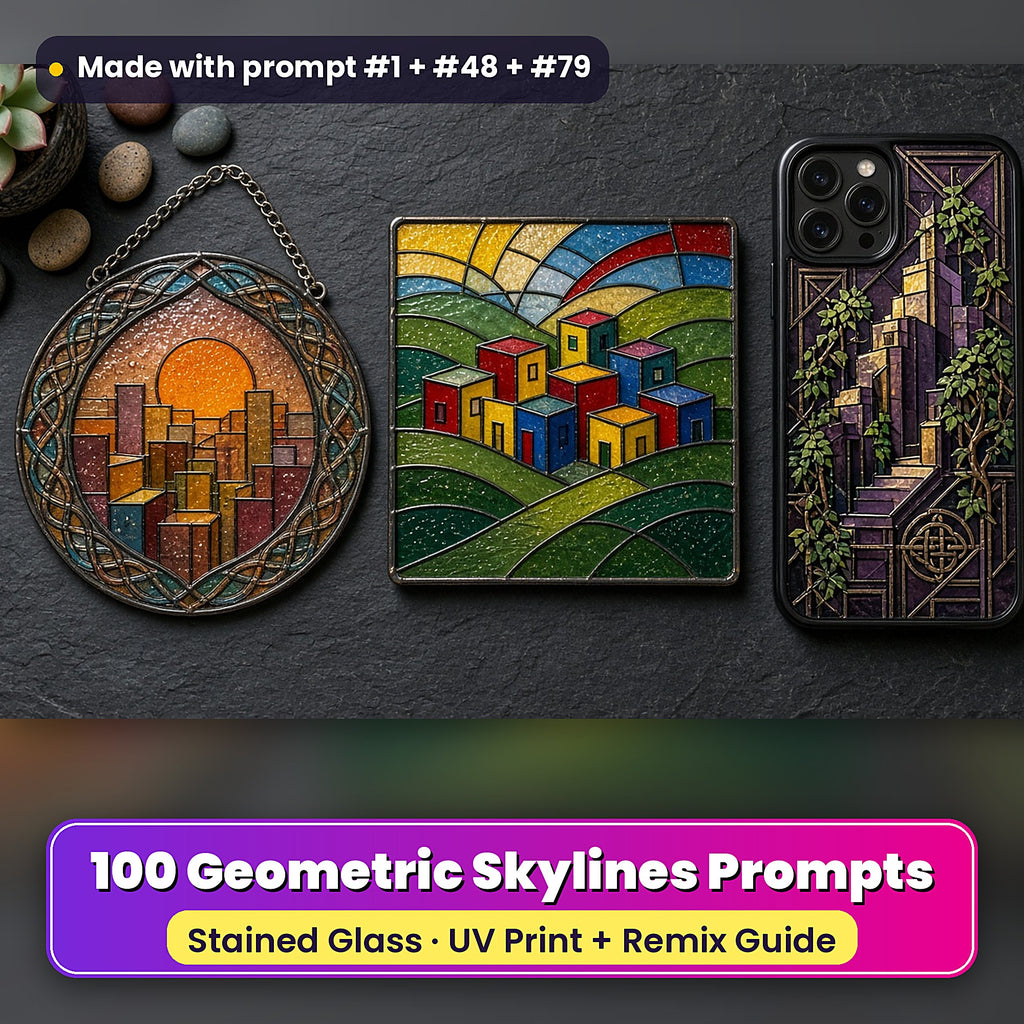 Geometric Skylines stained glass prompt pack: UV-printed suncatcher, coaster and phone case set mockup, made with prompt #1 + #48 + #79