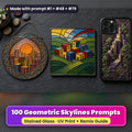 Geometric Skylines stained glass prompt pack: UV-printed suncatcher, coaster and phone case set mockup, made with prompt #1 + #48 + #79