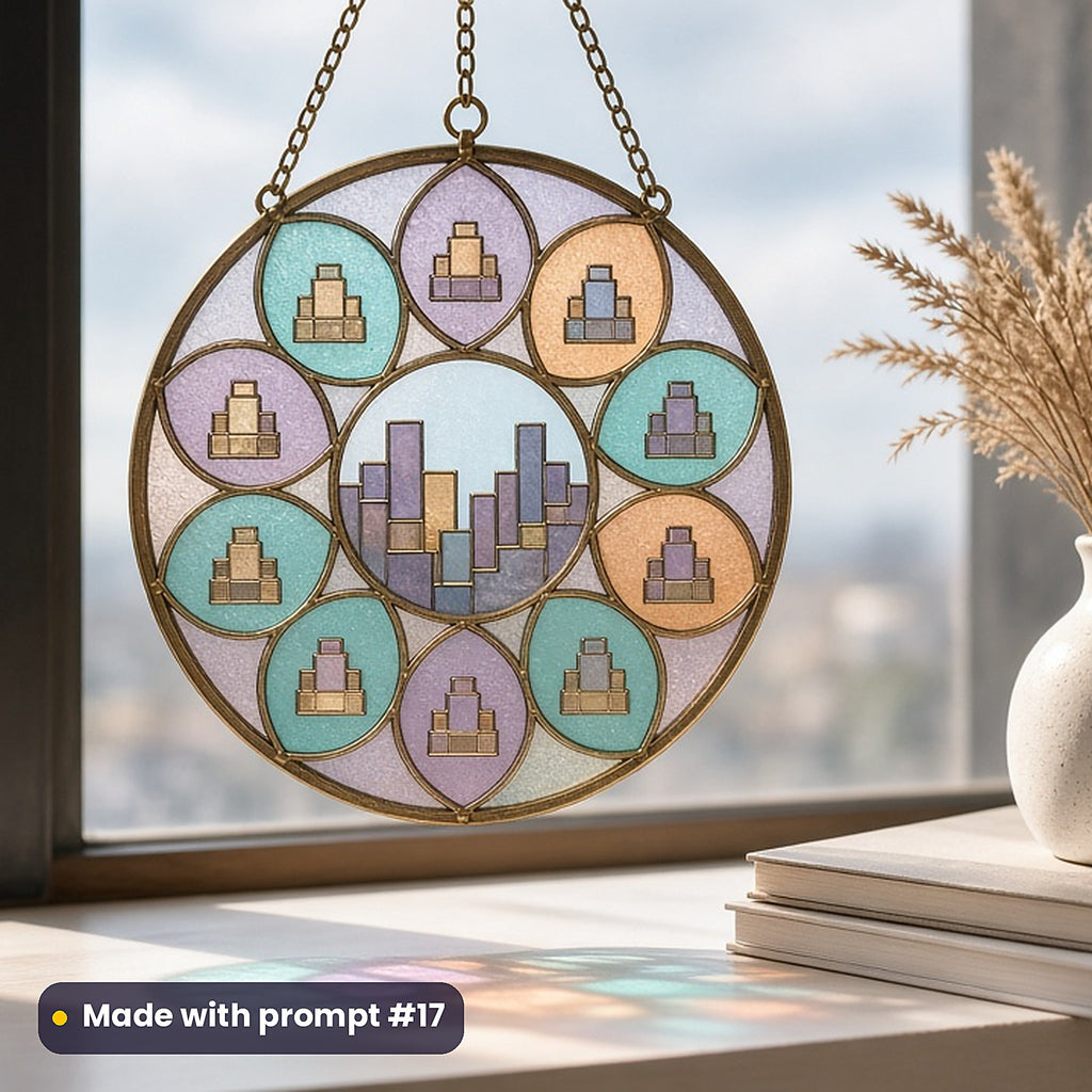 Geometric Skylines stained glass prompt pack: UV-printed acrylic suncatcher in a window mockup, made with prompt #17