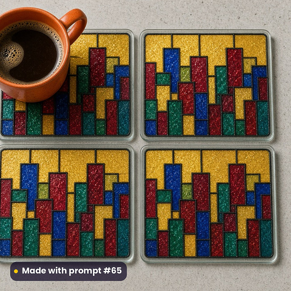 Geometric Skylines stained glass prompt pack: set of UV-printed glass coasters mockup, made with prompt #65