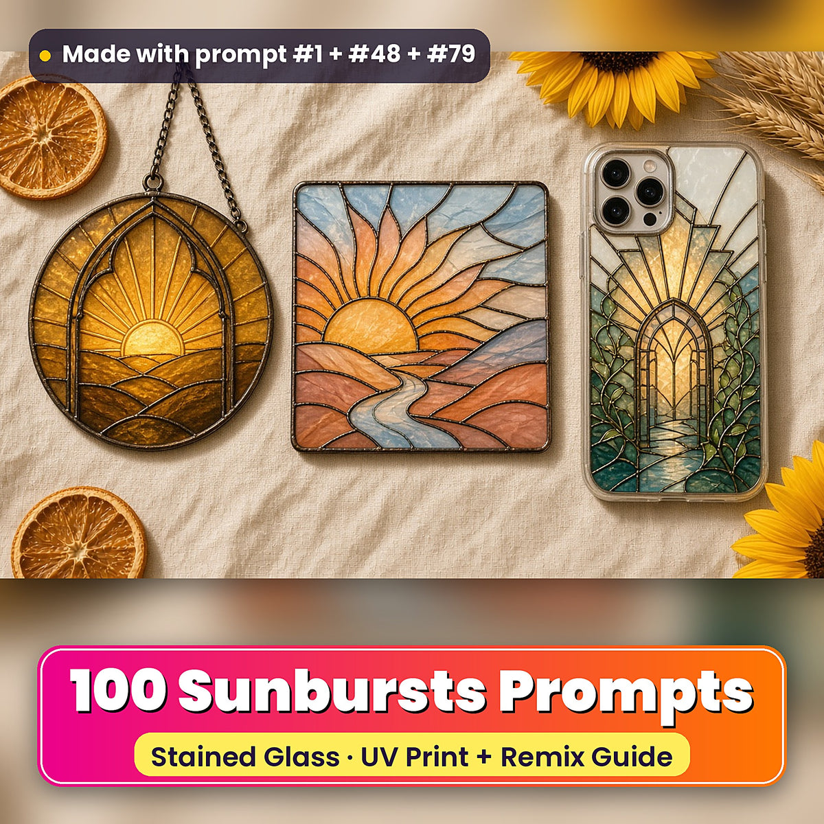 Sunbursts stained glass prompt pack: UV-printed suncatcher, coaster and phone case set mockup, made with prompt #1 + #48 + #79