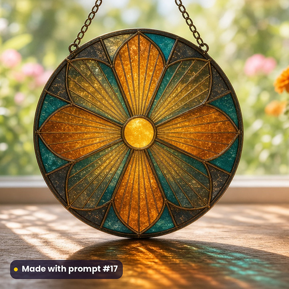 Sunbursts stained glass prompt pack: UV-printed acrylic suncatcher in a window mockup, made with prompt #17