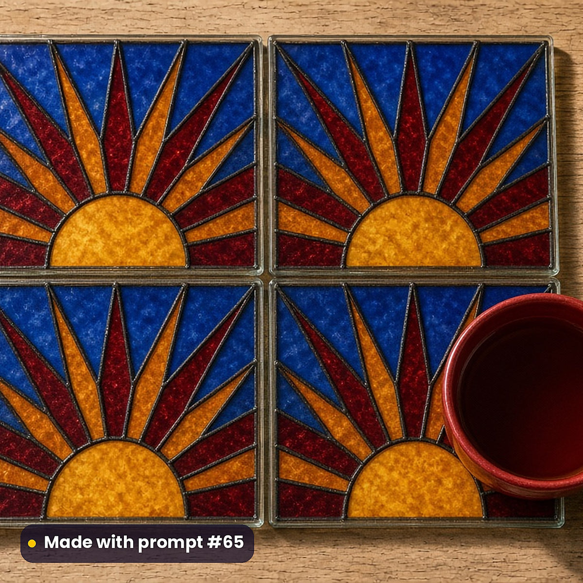 Sunbursts stained glass prompt pack: set of UV-printed glass coasters mockup, made with prompt #65