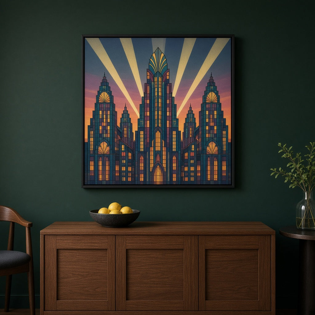 Art Deco stained-glass invented skyline of stepped towers with fan-shaped crowns and searchlight rays at sunset shown as a flat framed print above a sideboard, made with prompt #9