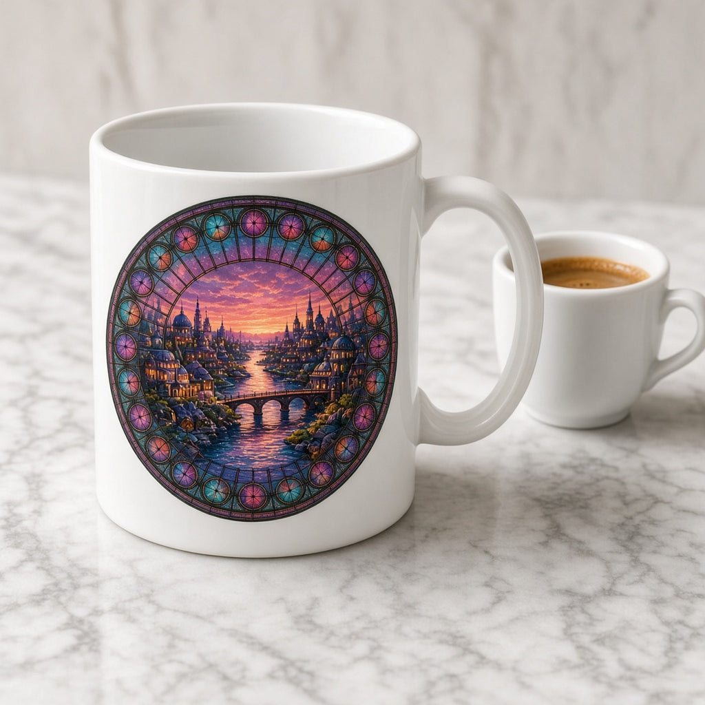 Rose-window stained-glass invented riverside city of domes and spires with an arched bridge under a violet and coral sunset printed flat on a mug, made with prompt #47