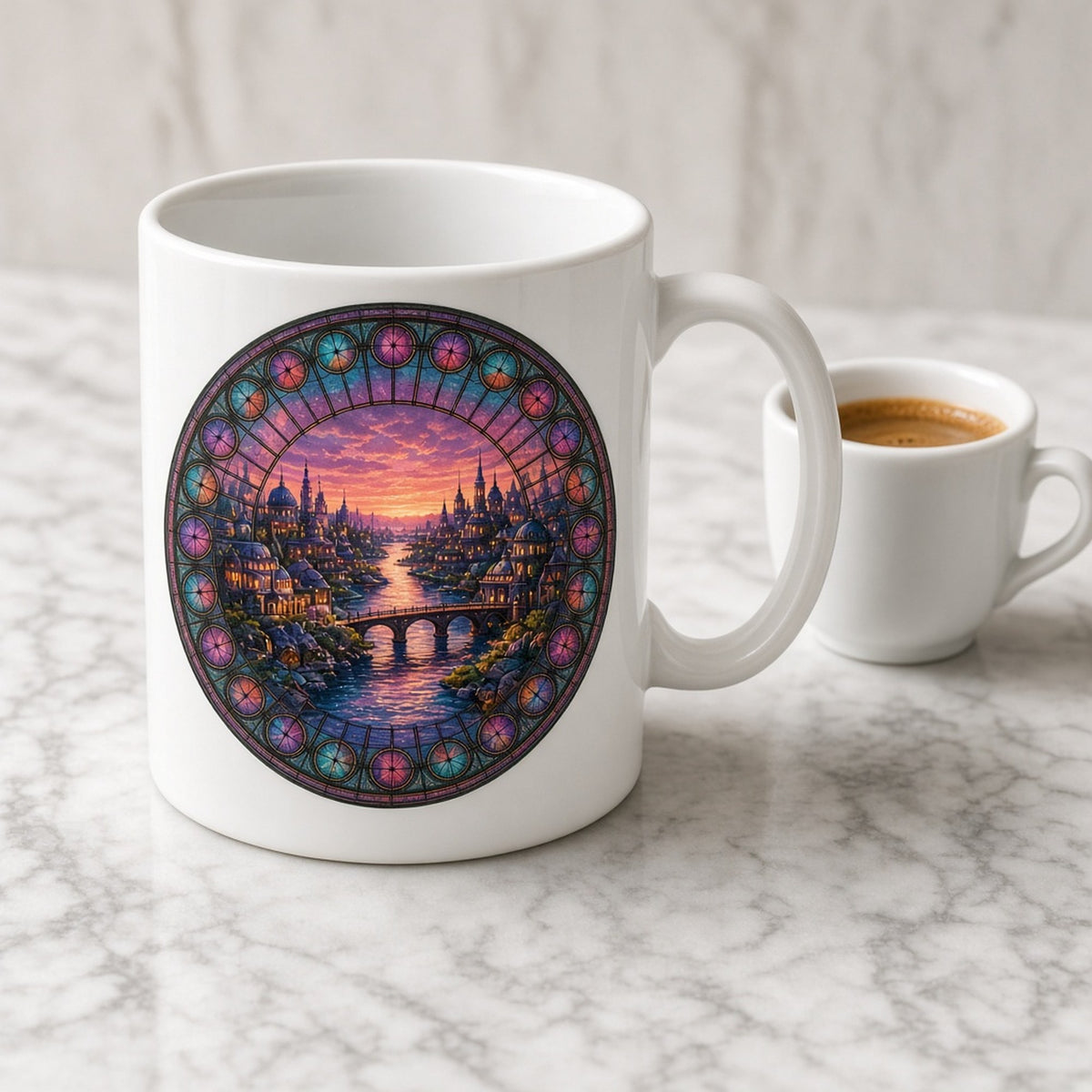 Rose-window stained-glass invented riverside city of domes and spires with an arched bridge under a violet and coral sunset printed flat on a mug, made with prompt #47