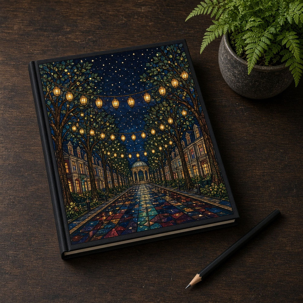 Arts and Crafts stained-glass tree-lined boulevard of townhouses with strings of glowing lanterns and a pavilion under a starry sky printed flat on a notebook cover, made with prompt #84