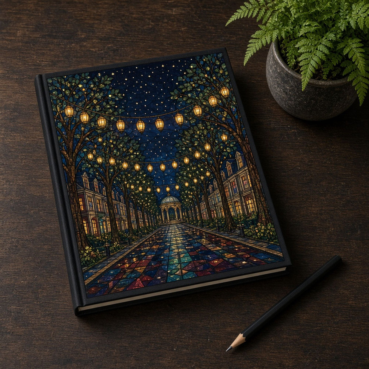 Arts and Crafts stained-glass tree-lined boulevard of townhouses with strings of glowing lanterns and a pavilion under a starry sky printed flat on a notebook cover, made with prompt #84