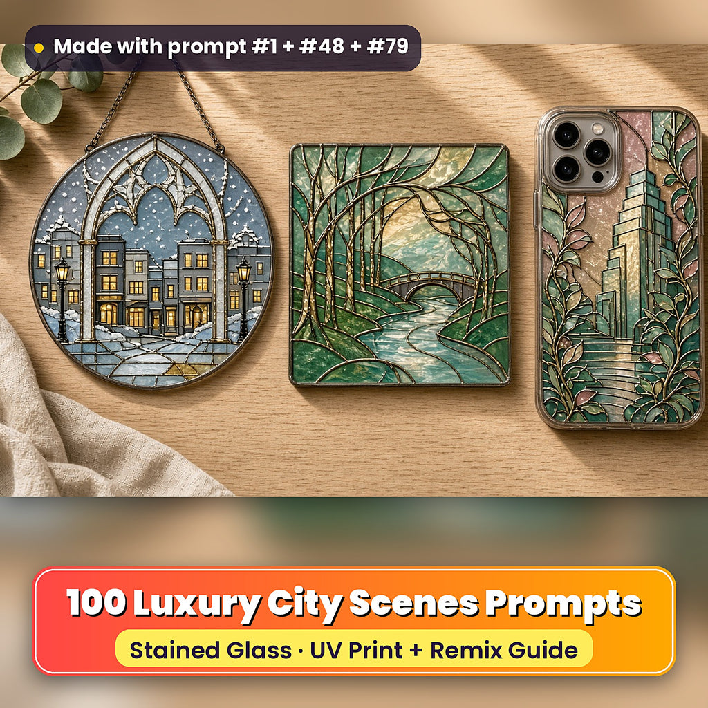 Luxury City Scenes stained glass prompt pack: UV-printed suncatcher, coaster and phone case set mockup, made with prompt #1 + #48 + #79