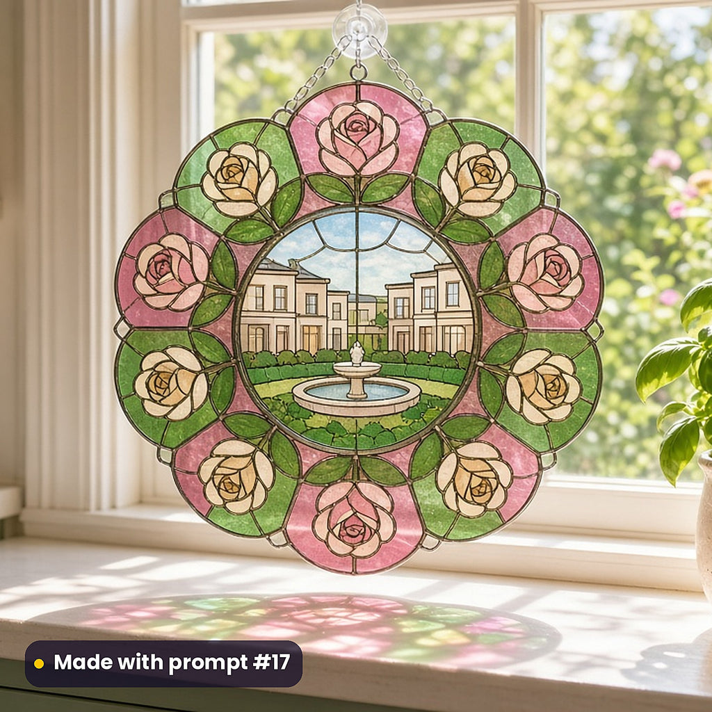 Luxury City Scenes stained glass prompt pack: UV-printed acrylic suncatcher in a window mockup, made with prompt #17