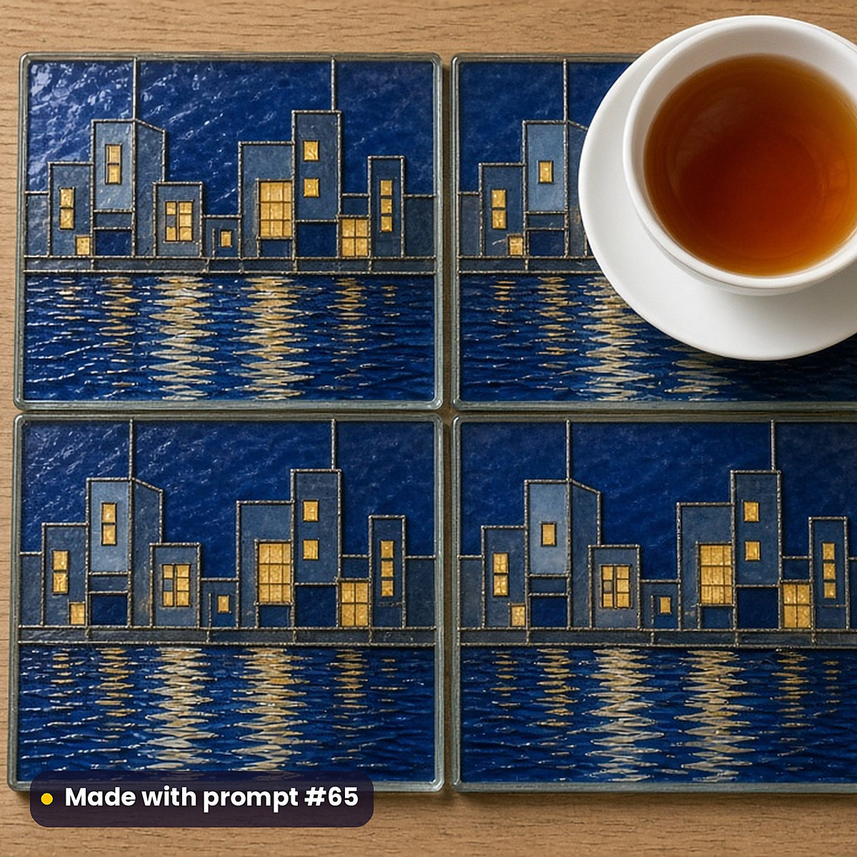 Luxury City Scenes stained glass prompt pack: set of UV-printed glass coasters mockup, made with prompt #65