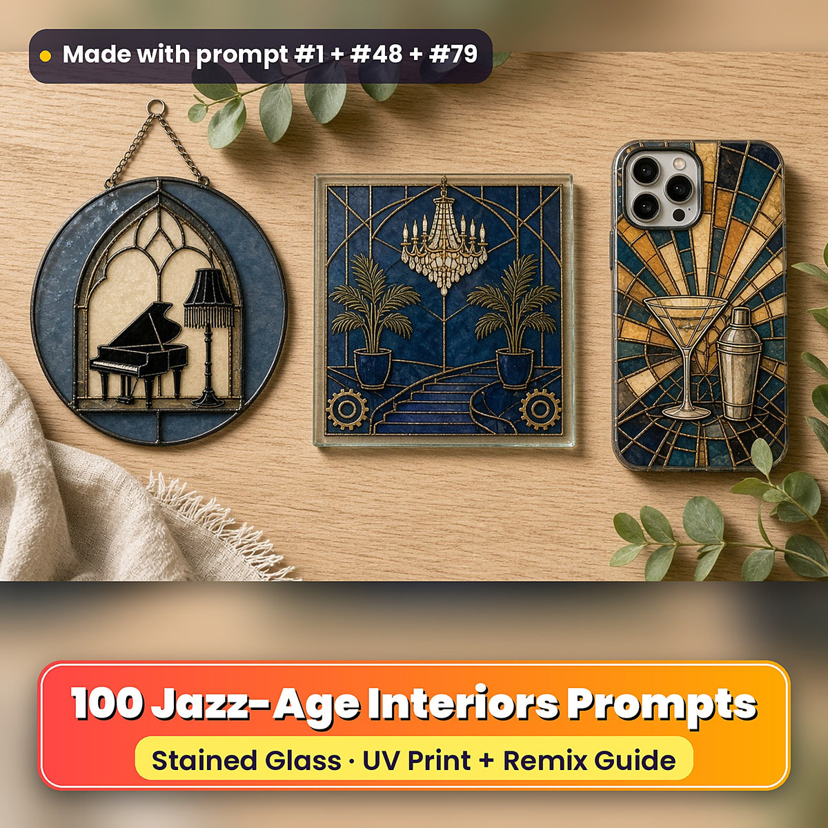 Jazz-Age Interiors stained glass prompt pack: UV-printed suncatcher, coaster and phone case set mockup, made with prompt #1 + #48 + #79