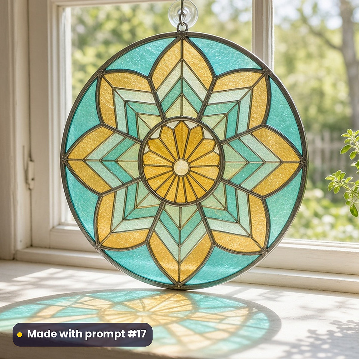 Jazz-Age Interiors stained glass prompt pack: UV-printed acrylic suncatcher in a window mockup, made with prompt #17