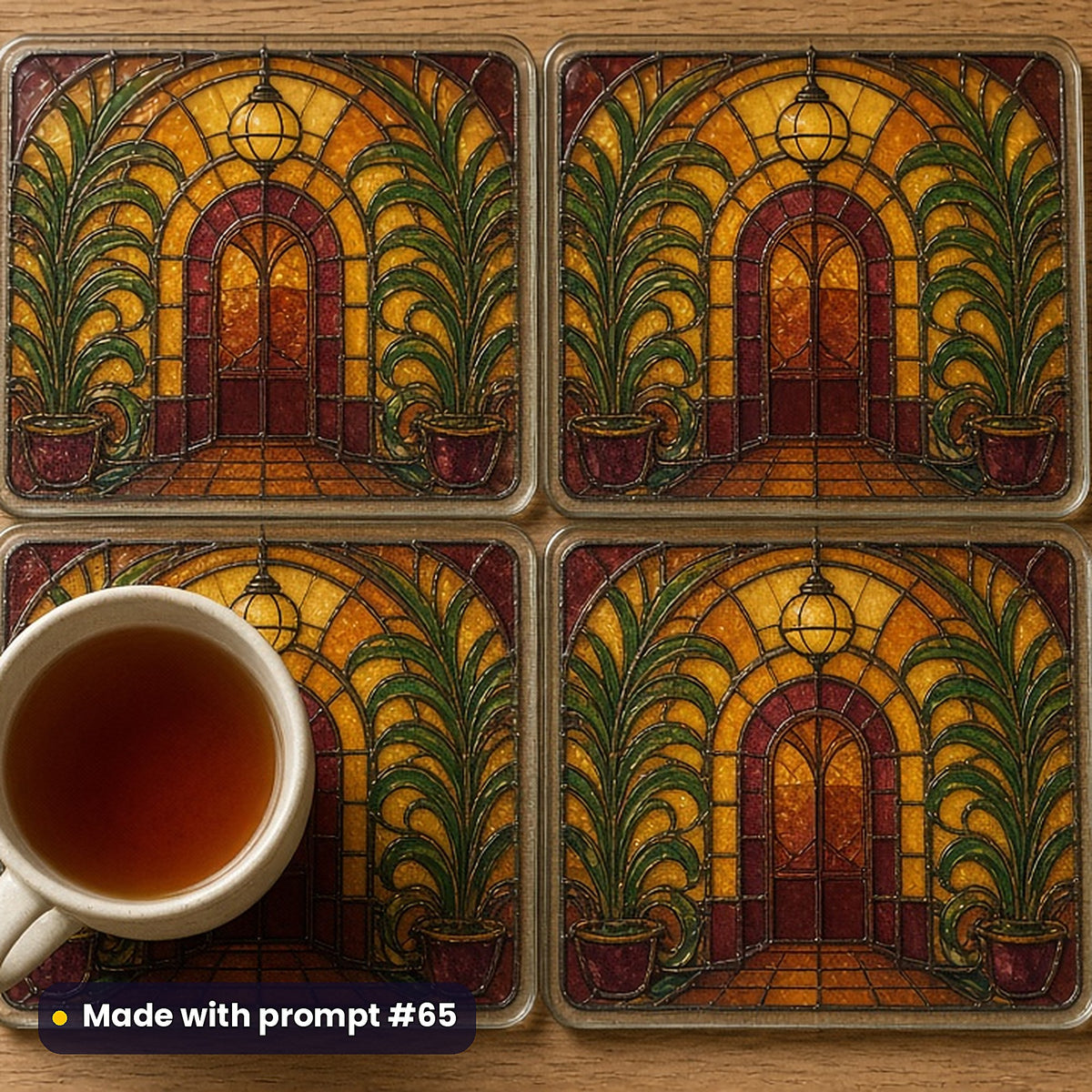 Jazz-Age Interiors stained glass prompt pack: set of UV-printed glass coasters mockup, made with prompt #65