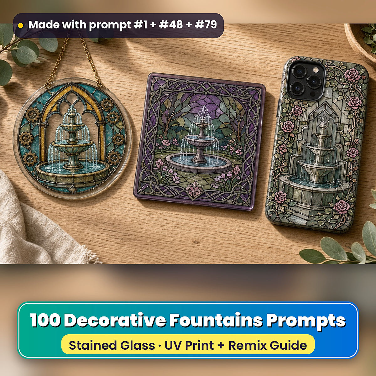 Decorative Fountains stained glass prompt pack: UV-printed suncatcher, coaster and phone case set mockup, made with prompt #1 + #48 + #79