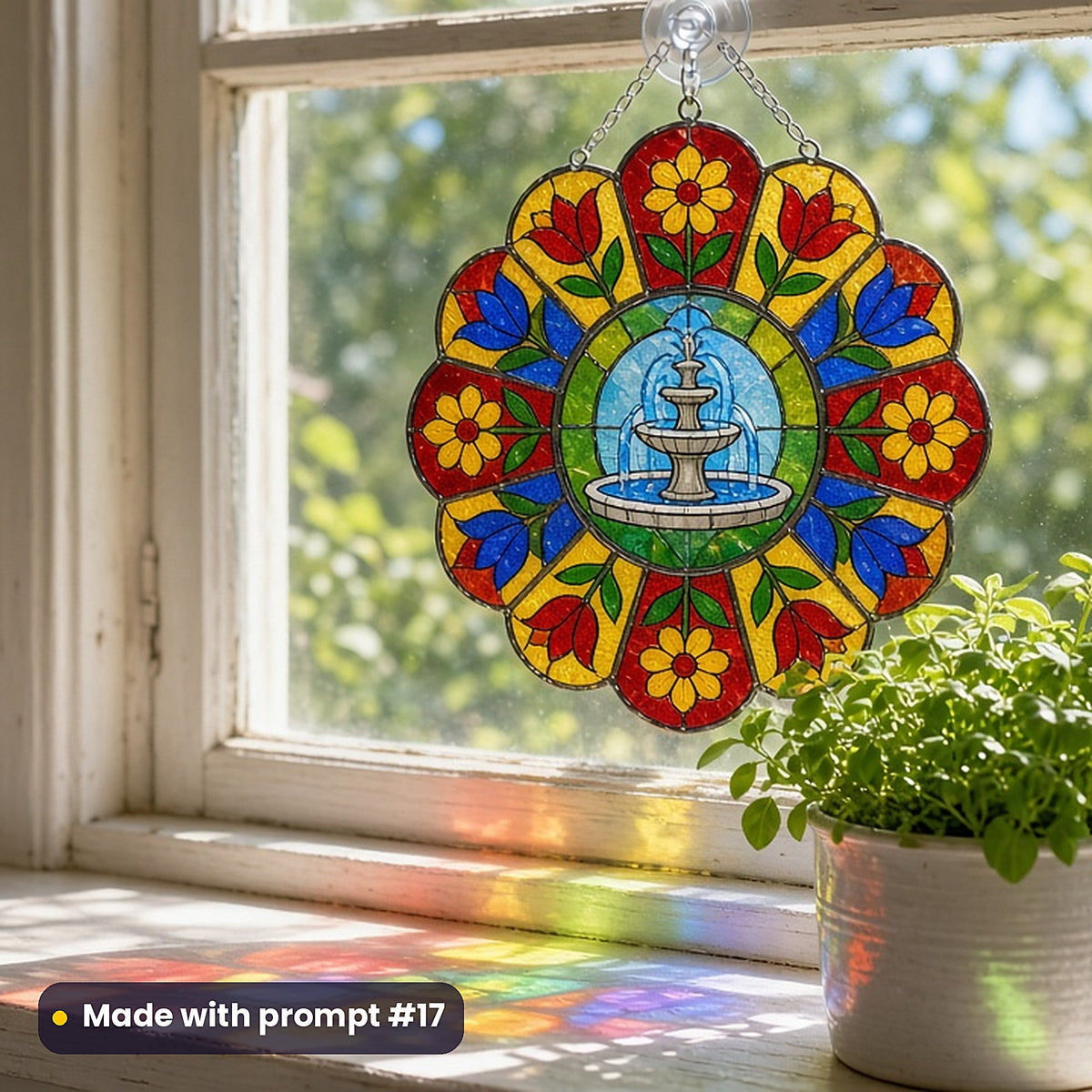 Decorative Fountains stained glass prompt pack: UV-printed acrylic suncatcher in a window mockup, made with prompt #17