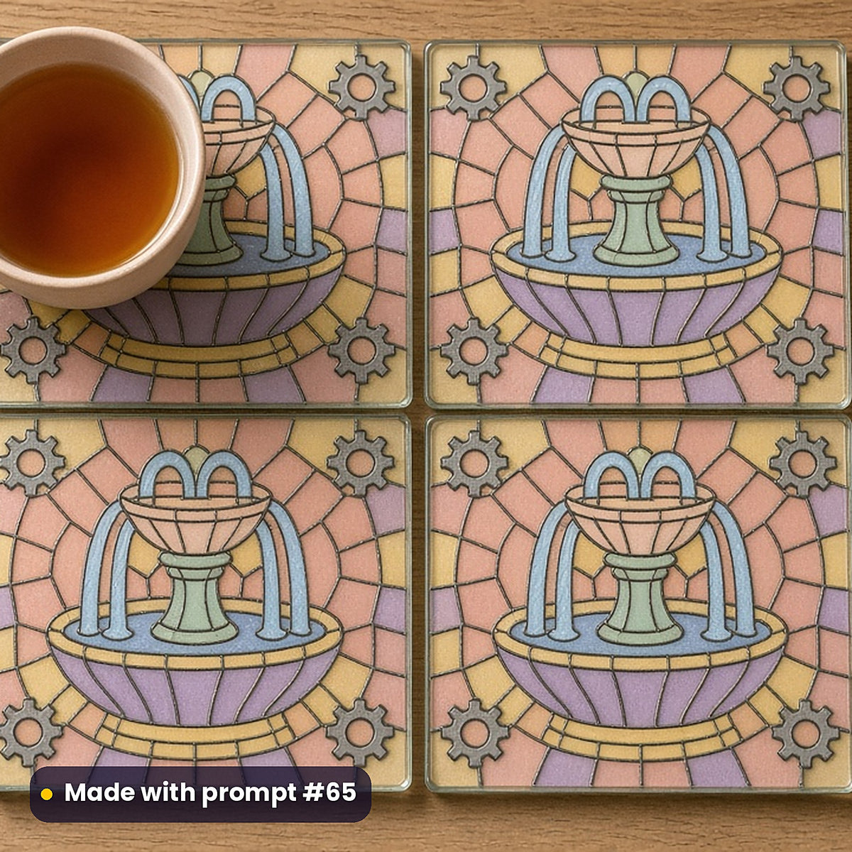 Decorative Fountains stained glass prompt pack: set of UV-printed glass coasters mockup, made with prompt #65
