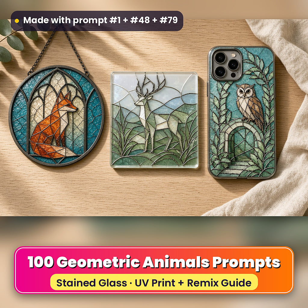 Geometric Animals stained glass prompt pack: UV-printed suncatcher, coaster and phone case set mockup, made with prompt #1 + #48 + #79