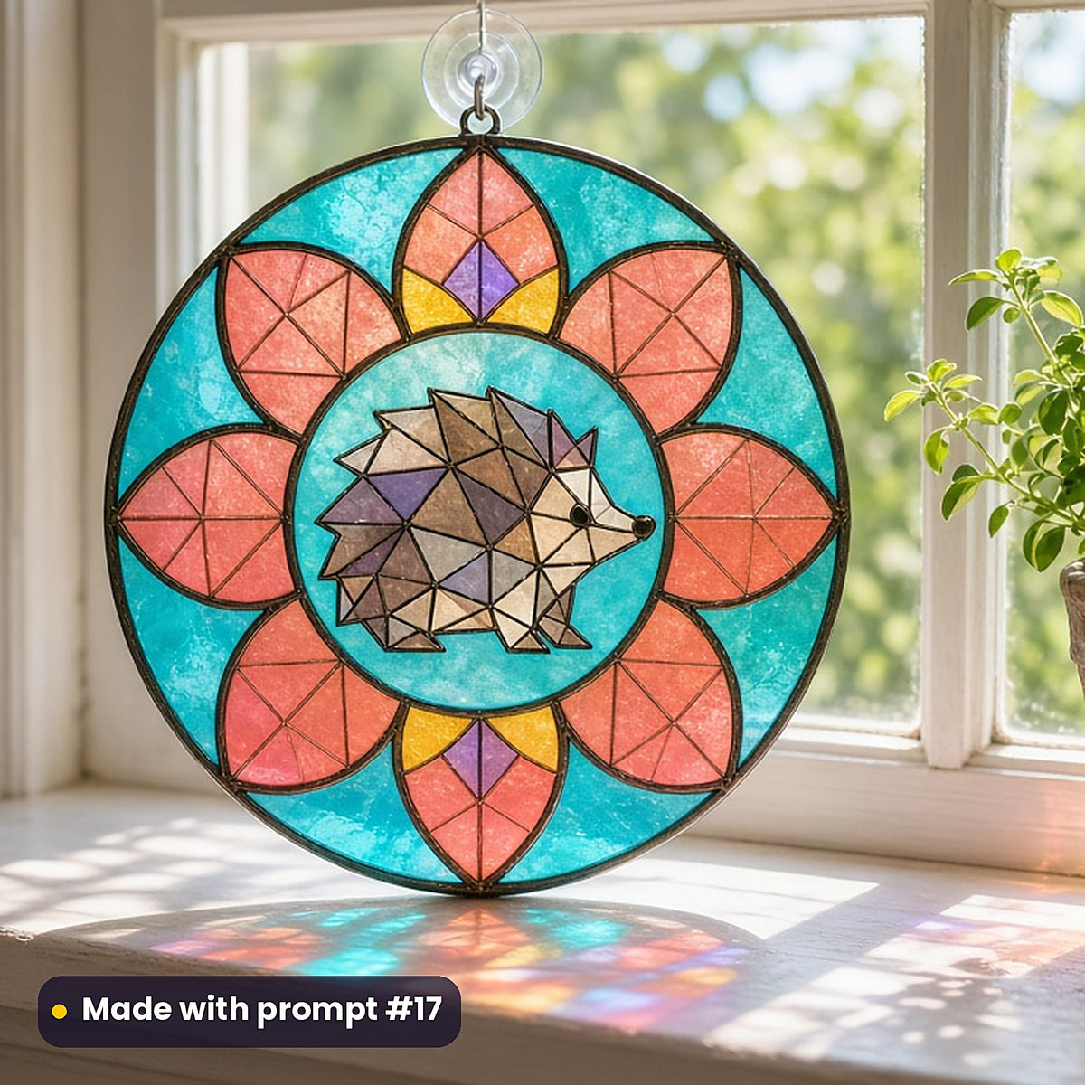 Geometric Animals stained glass prompt pack: UV-printed acrylic suncatcher in a window mockup, made with prompt #17