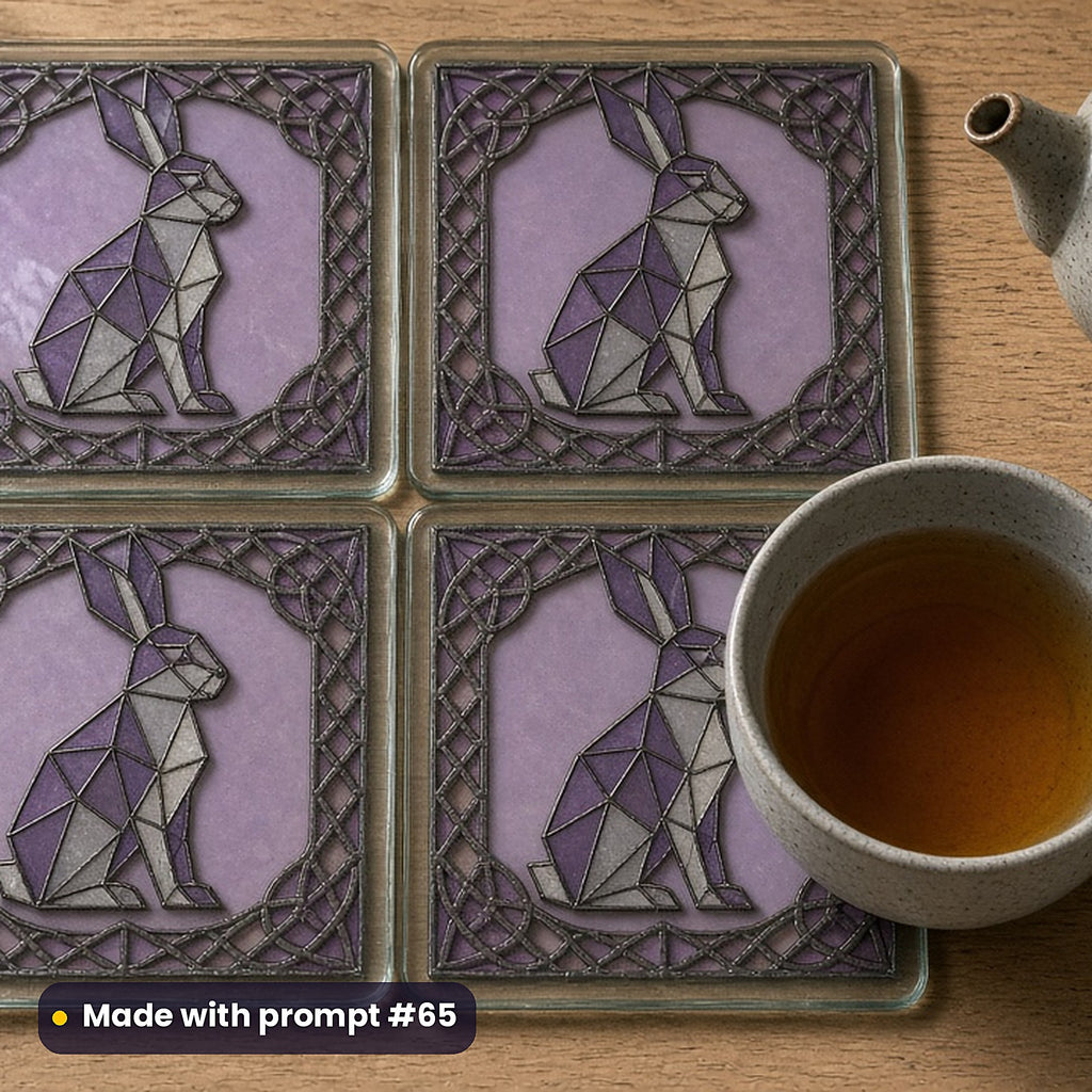 Geometric Animals stained glass prompt pack: set of UV-printed glass coasters mockup, made with prompt #65