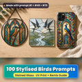 Stylised Birds stained glass prompt pack: UV-printed suncatcher, coaster and phone case set mockup, made with prompt #1 + #48 + #79