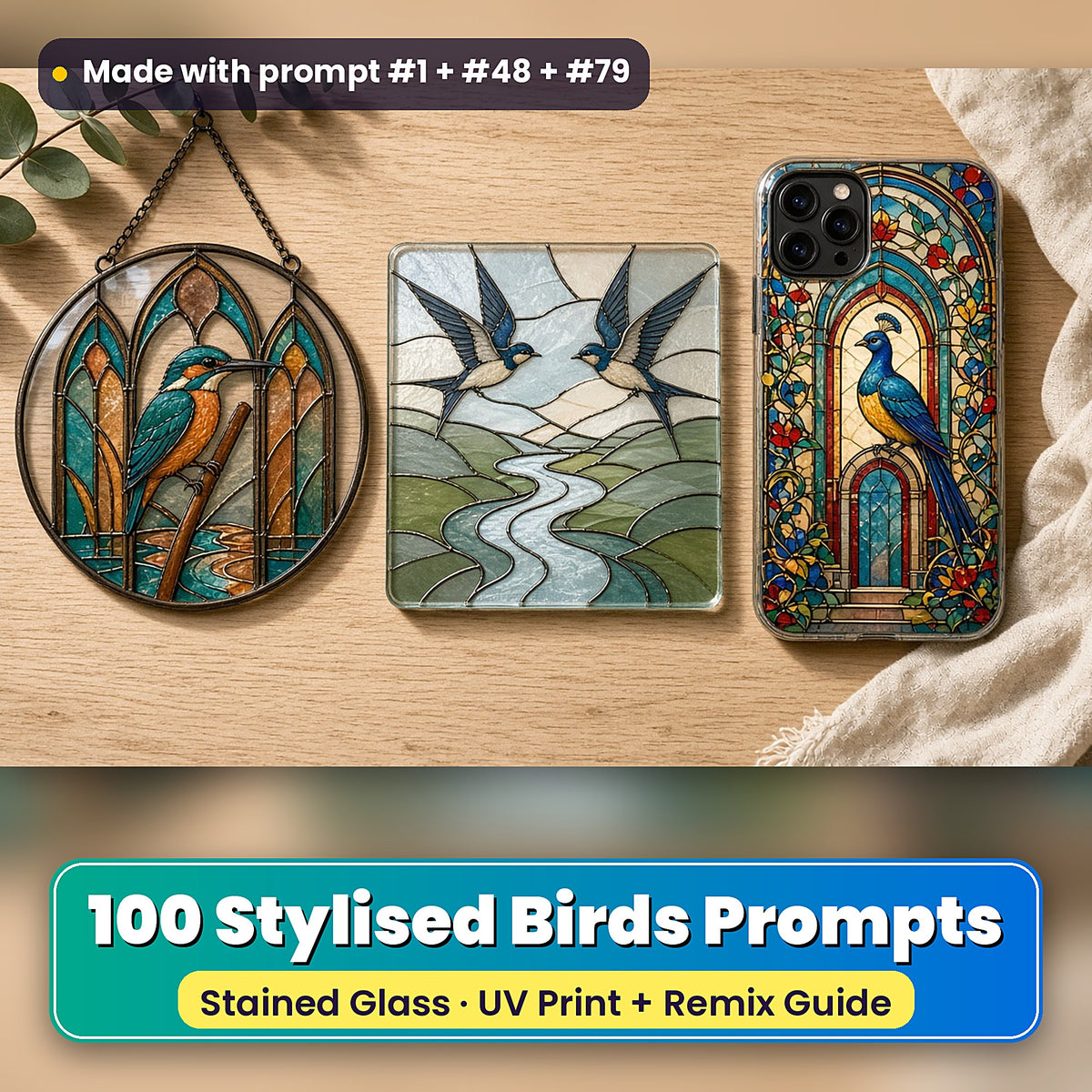 Stylised Birds stained glass prompt pack: UV-printed suncatcher, coaster and phone case set mockup, made with prompt #1 + #48 + #79